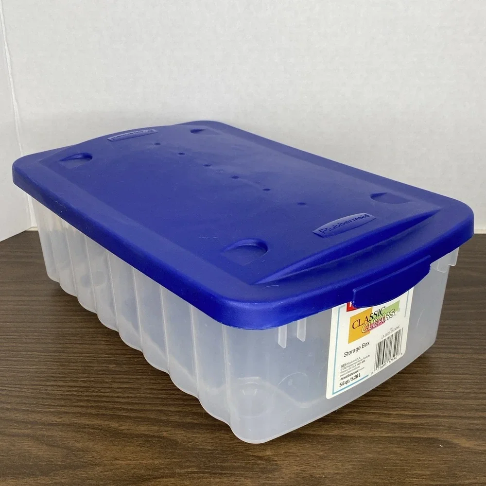 Vtg 2002 Rubbermaid Classic Clears Storage Box #5805 5.6qt/5.28L w Blue Lid